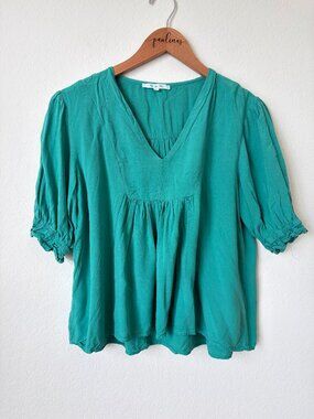 Abel The Label Top Womens Large Teal Green Peasant Flowy Babydoll Shirt L